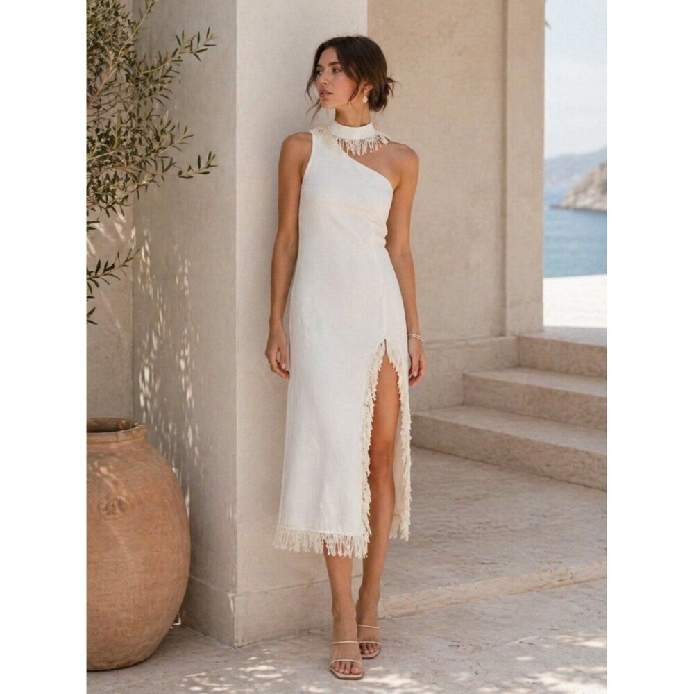 Ghospell Simone Pearl Fringe Dress Ivory White Side Slit Minimalist Chic NWT M